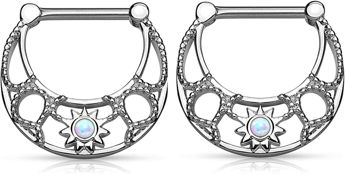 Surgical Steel Opal Sunburst Centered Filigree Nipple Clickers Nipple Ring Impulse Piercings