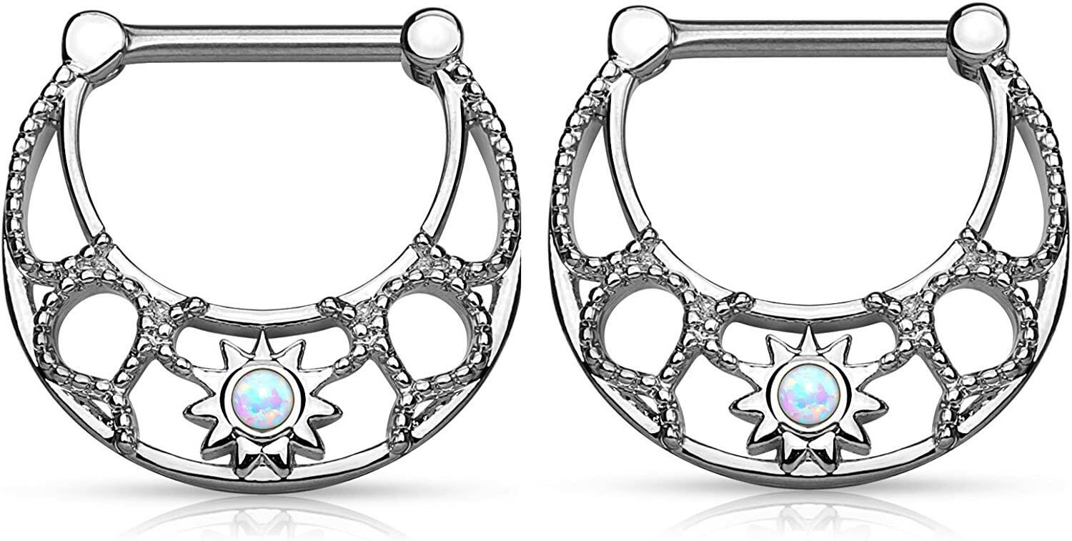 Surgical Steel Opal Sunburst Centered Filigree Nipple Clickers Nipple Ring Impulse Piercings