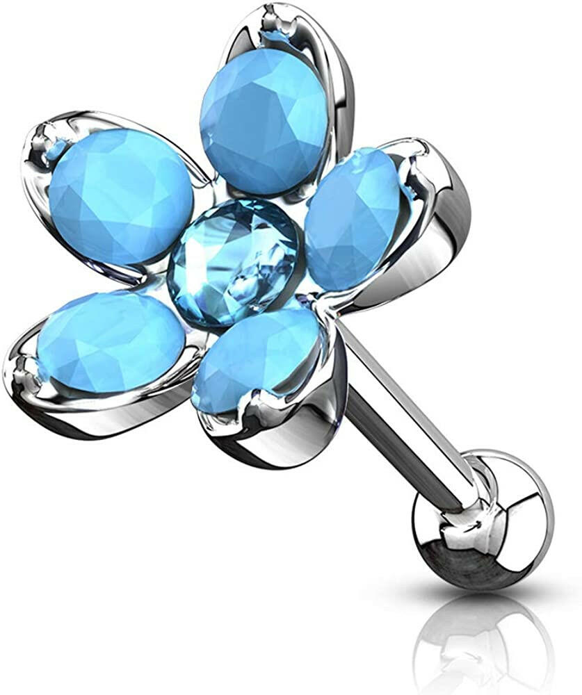 Surgical Steel Opalite Flower with Opal Center Top Cartilage Tragus Barbell Studs Cartilage Impulse Piercings Turquoise