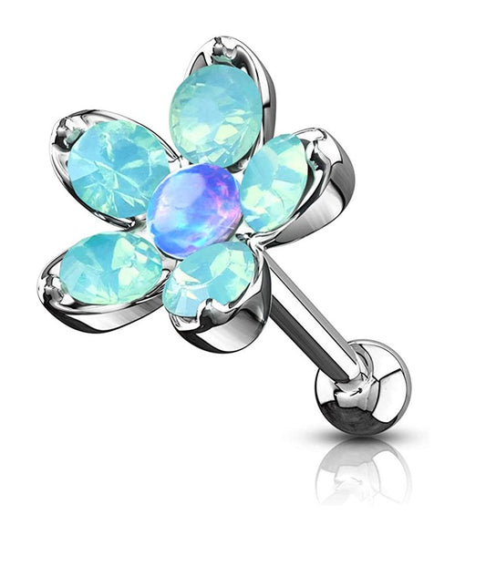 Surgical Steel Opalite Flower with Opal Center Top Cartilage Tragus Barbell Studs Cartilage Impulse Piercings Blue