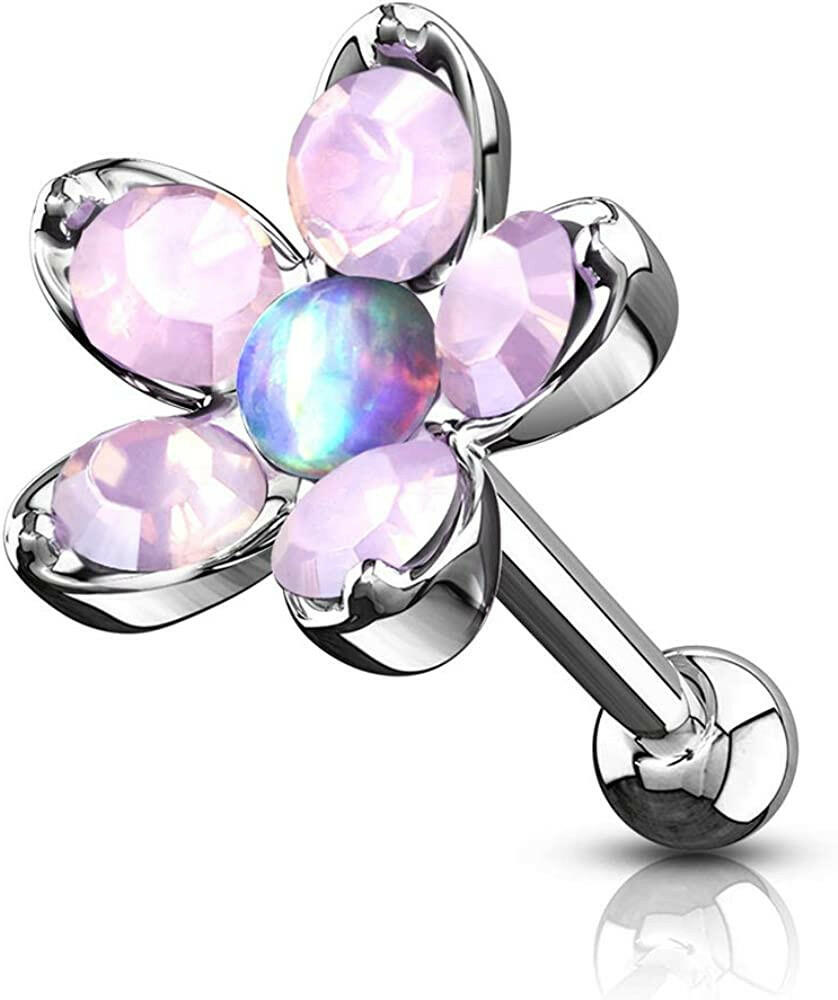 Surgical Steel Opalite Flower with Opal Center Top Cartilage Tragus Barbell Studs Cartilage Impulse Piercings Purple