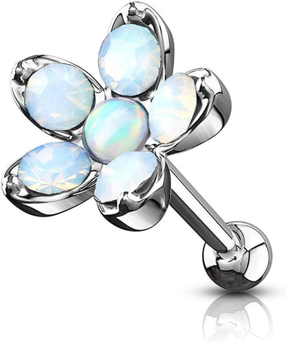 Surgical Steel Opalite Flower with Opal Center Top Cartilage Tragus Barbell Studs Cartilage Impulse Piercings White