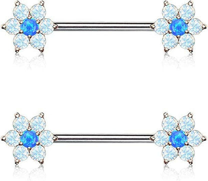 Surgical Steel Opalite Petals with Opal Center Flowers on Both Ends Nipple Barbell Rings Nipple Ring Impulse Piercings Rose Gold/Opal Blue