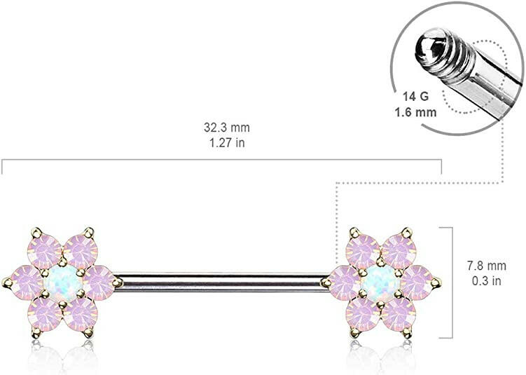 Surgical Steel Opalite Petals with Opal Center Flowers on Both Ends Nipple Barbell Rings Nipple Ring Impulse Piercings