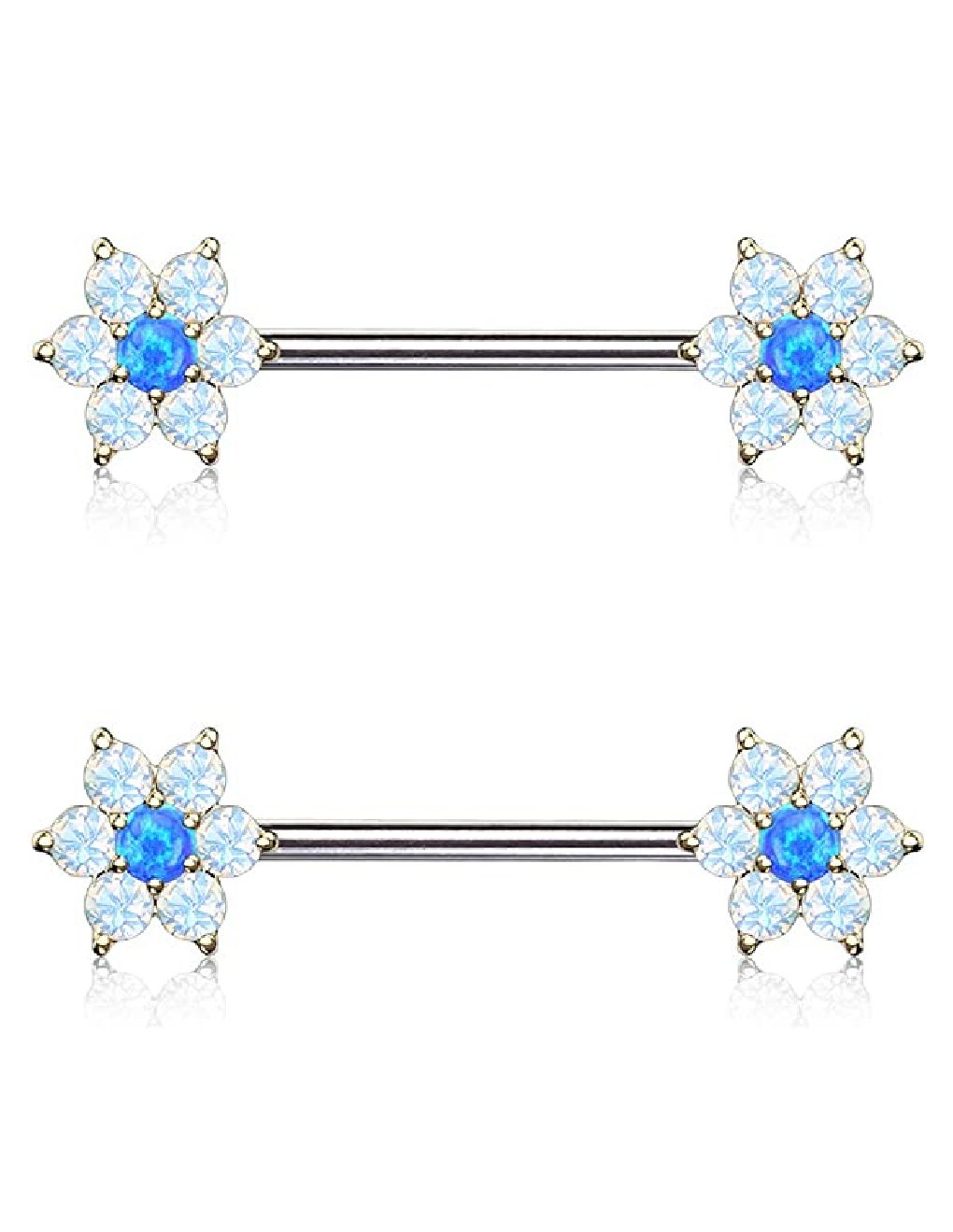 Surgical Steel Opalite Petals with Opal Center Flowers on Both Ends Nipple Barbell Rings Nipple Ring Impulse Piercings Gold/Opal Blue