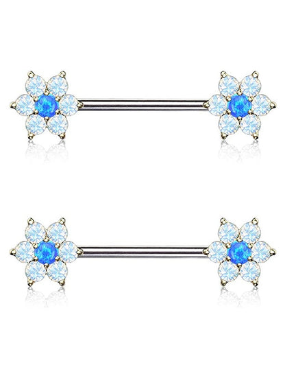 Surgical Steel Opalite Petals with Opal Center Flowers on Both Ends Nipple Barbell Rings Nipple Ring Impulse Piercings Gold/Opal Blue