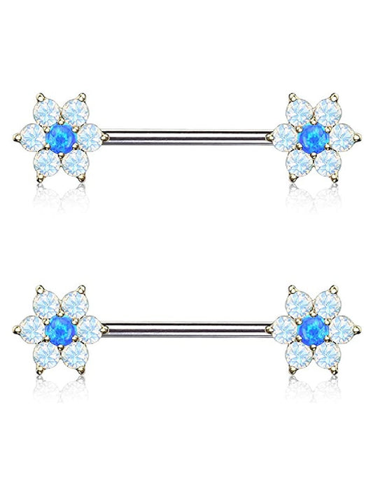 Surgical Steel Opalite Petals with Opal Center Flowers on Both Ends Nipple Barbell Rings Nipple Ring Impulse Piercings Gold/Opal Blue