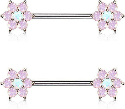 Surgical Steel Opalite Petals with Opal Center Flowers on Both Ends Nipple Barbell Rings Nipple Ring Impulse Piercings Rose Gold/Opal White