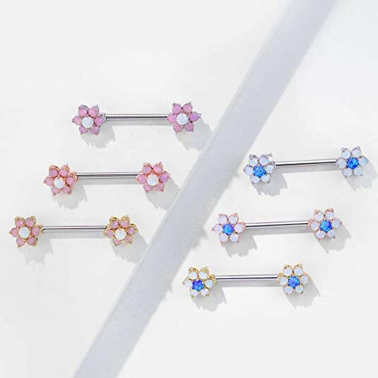 Surgical Steel Opalite Petals with Opal Center Flowers on Both Ends Nipple Barbell Rings Nipple Ring Impulse Piercings