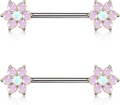 Surgical Steel Opalite Petals with Opal Center Flowers on Both Ends Nipple Barbell Rings Nipple Ring Impulse Piercings Gold/Opal White