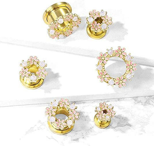 Surgical Steel Opalite Stones and Enamel Flowers Gold Screw Fit Flesh Tunnel Plugs Plugs Impulse Piercings