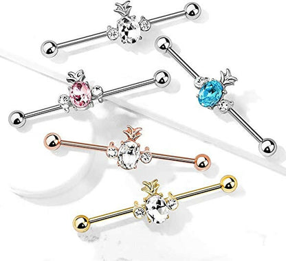 Surgical Steel Oval Crystal Pineapple with Double Round Crystals Industrial Barbell Industrial Barbell Impulse Piercings