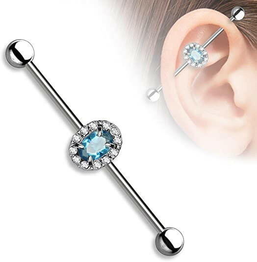 Surgical Steel Oval CZ Center and Clear Crystals Around Industrial Barbell Industrial Barbell Impulse Piercings Blue