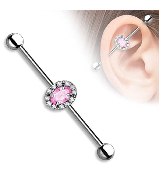 Surgical Steel Oval CZ Center and Clear Crystals Around Industrial Barbell Industrial Barbell Impulse Piercings Pink