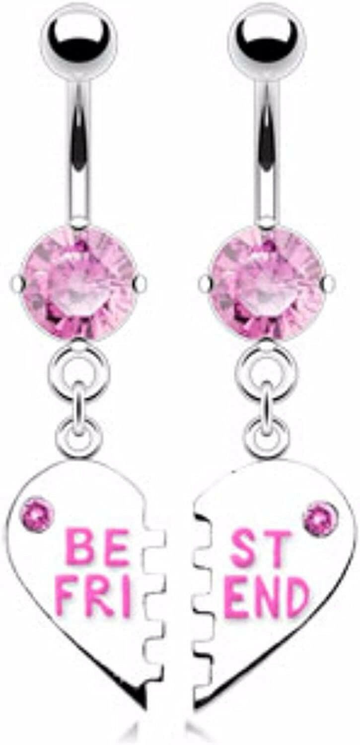 Surgical Steel Pair of Best Friend Charm Pendent CZ Belly Navel Ring Navel Ring Impulse Piercings Pink