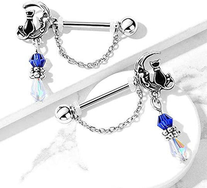 Surgical Steel Pair of Cat Sitting on Moon with Beads and Chain Dangles Nipple Barbell Rings Nipple Ring Impulse Piercings