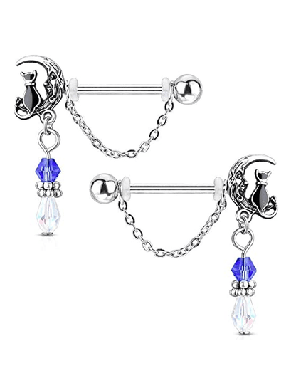 Surgical Steel Pair of Cat Sitting on Moon with Beads and Chain Dangles Nipple Barbell Rings Nipple Ring Impulse Piercings