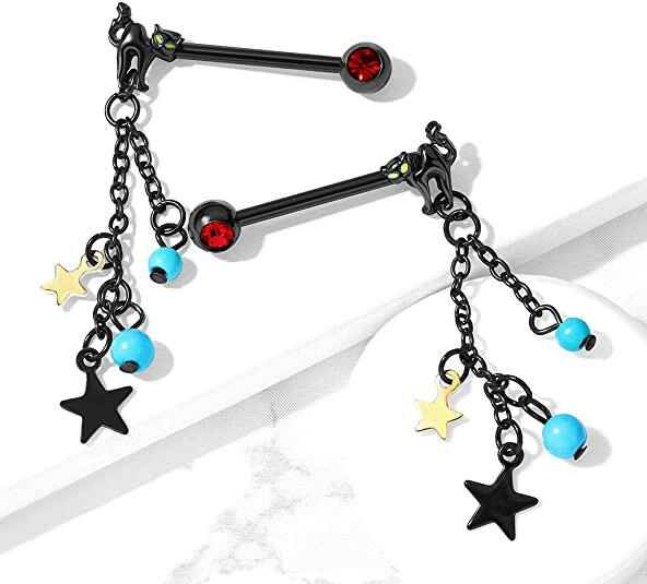 Surgical Steel Pair of Cat with Turquoise Beads and Star Dangle with Red Gemmed End Nipple Barbell Rings Nipple Ring Impulse Piercings