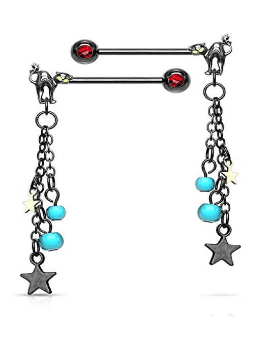 Surgical Steel Pair of Cat with Turquoise Beads and Star Dangle with Red Gemmed End Nipple Barbell Rings Nipple Ring Impulse Piercings