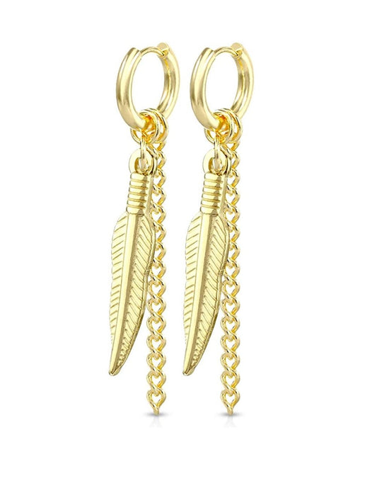 Surgical Steel Pair of Feather and Chain Dangle Round Clicker Hoop Earring Hoop Earring Impulse Piercings Gold