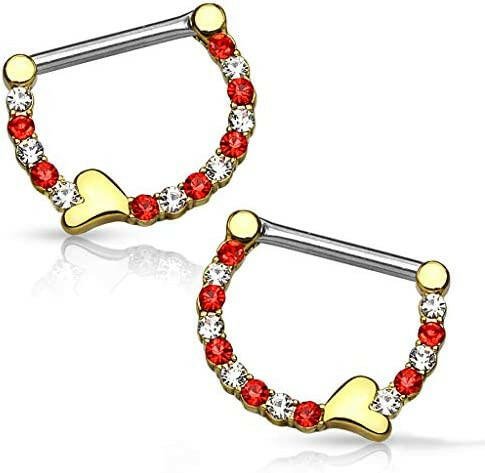 Surgical Steel Pair of Lined Crystals with Heart Nipple Clickers Nipple Rings Impulse Piercings Gold