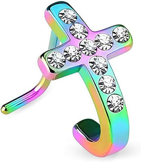 Surgical Steel Pave Crystals Cross L Bend Nose Stud Rings Nose Ring Impulse Piercings Rainbow