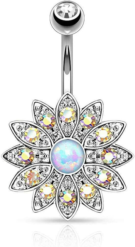 Surgical Steel Paved Crystal Flower with Opal Belly Navel Ring Navel Ring Impulse Piercings Aurora Borealis