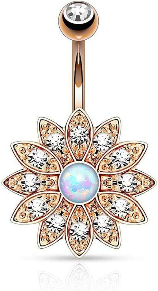 Surgical Steel Paved Crystal Flower with Opal Belly Navel Ring Navel Ring Impulse Piercings Rose Gold