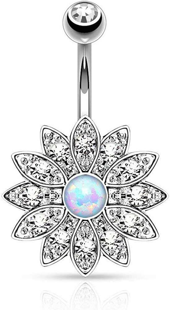 Surgical Steel Paved Crystal Flower with Opal Belly Navel Ring Navel Ring Impulse Piercings Clear