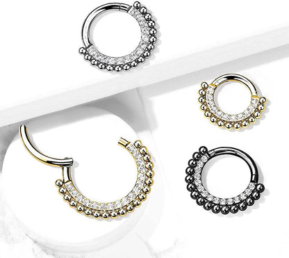 Surgical Steel Paved CZ and Balls Hinged Segment Hoop Ring Nose Ring, cartilage ring Impulse Piercings