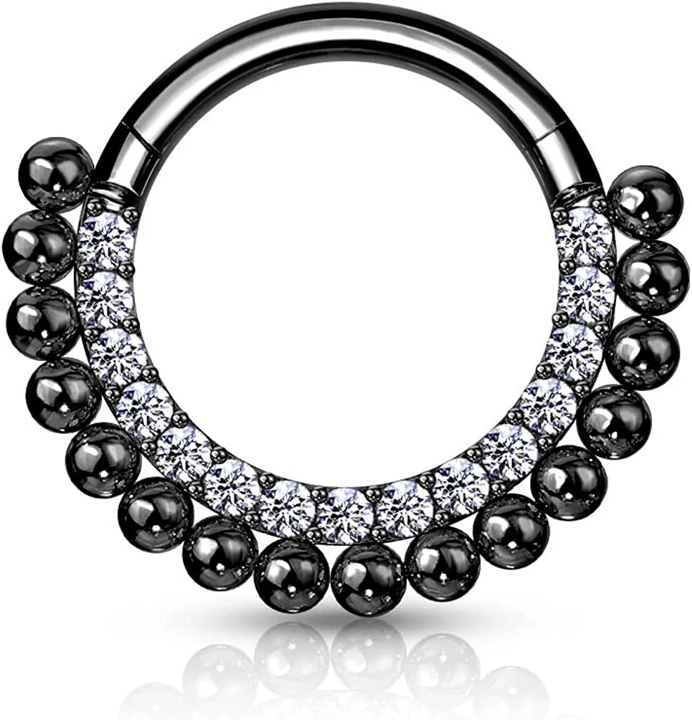 Surgical Steel Paved CZ and Balls Hinged Segment Hoop Ring Nose Ring, cartilage ring Impulse Piercings 16GA Length: 6mm Black