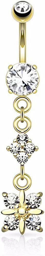 Surgical Steel Paved Diamond with 4 Quadrant CZ Drop Dangle Belly Navel Ring Navel Ring Impulse Piercings Gold