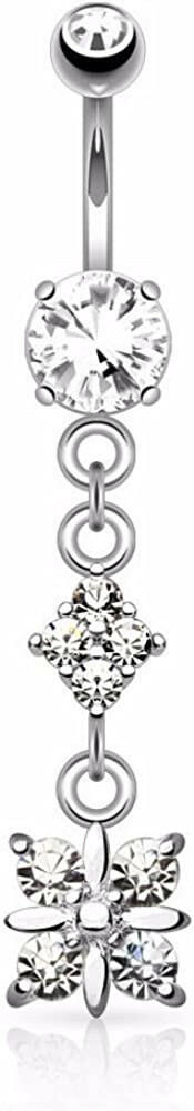 Surgical Steel Paved Diamond with 4 Quadrant CZ Drop Dangle Belly Navel Ring Navel Ring Impulse Piercings Clear