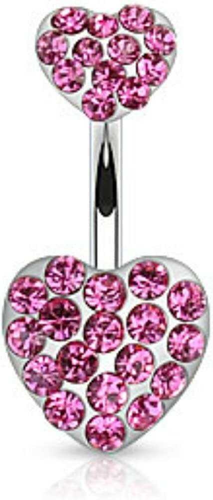 Surgical Steel Paved Gemmed Hearts Belly Navel Ring Navel Ring Impulse Piercings Pink