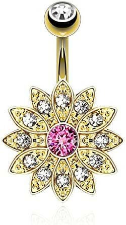 Surgical Steel Paved Gems Flower with Center CZ Belly Navel Ring Navel Ring Impulse Piercings Pink