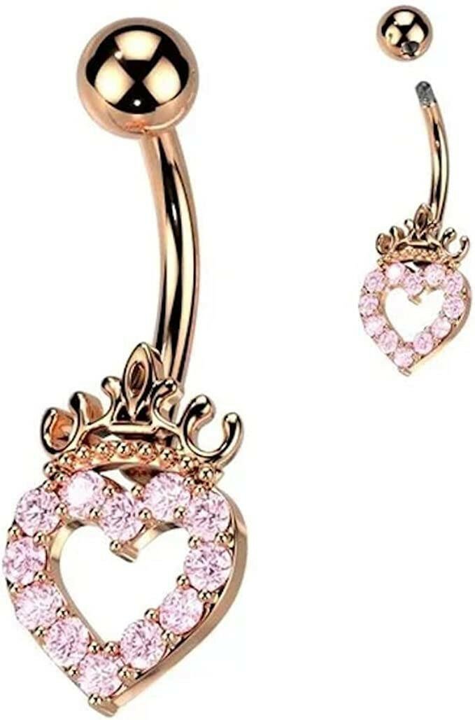 Surgical Steel Paved Hollow Heart and Crown with Small CZ Belly Navel Ring Navel Ring Impulse Piercings Pink