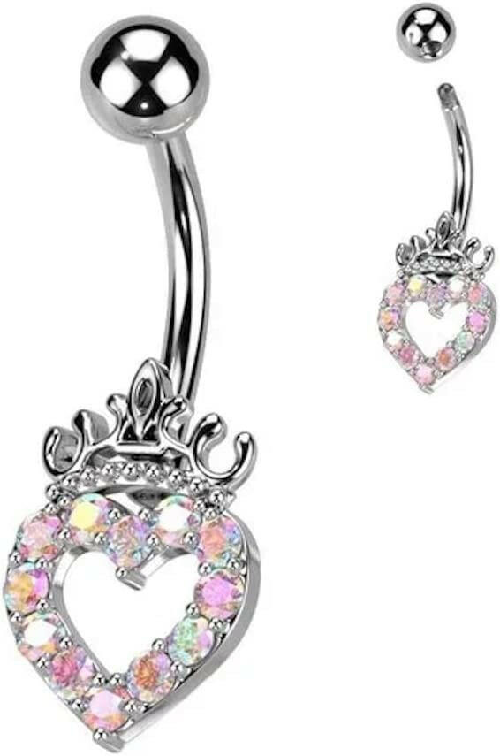 Surgical Steel Paved Hollow Heart and Crown with Small CZ Belly Navel Ring Navel Ring Impulse Piercings Aurora Borealis