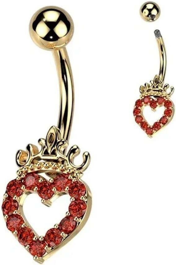 Surgical Steel Paved Hollow Heart and Crown with Small CZ Belly Navel Ring Navel Ring Impulse Piercings Red