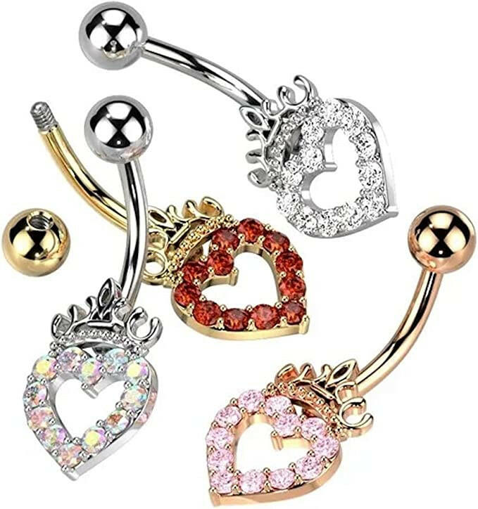 Surgical Steel Paved Hollow Heart and Crown with Small CZ Belly Navel Ring Navel Ring Impulse Piercings