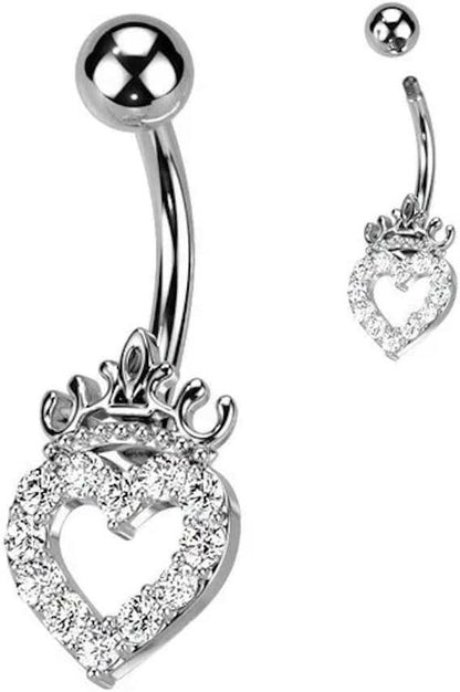 Surgical Steel Paved Hollow Heart and Crown with Small CZ Belly Navel Ring Navel Ring Impulse Piercings Clear