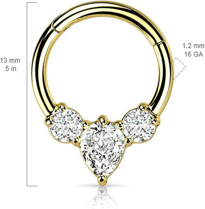 Surgical Steel Pear CZ between 2 Round CZ Hinged Segment Ring Cartilage Impulse Piercings