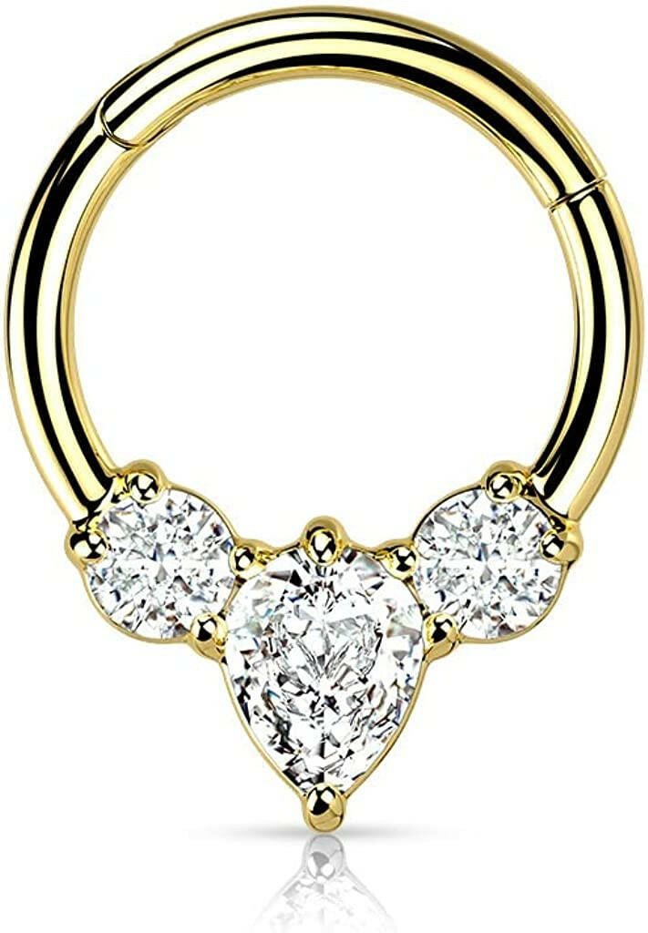 Surgical Steel Pear CZ between 2 Round CZ Hinged Segment Ring Cartilage Impulse Piercings 16GA Length: 8mm Gold