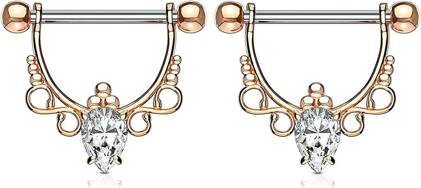 Surgical Steel Pear CZ Center with Infinite Filigree Dangle Nipple Shield Rings Nipple Ring Impulse Piercings Rose Gold