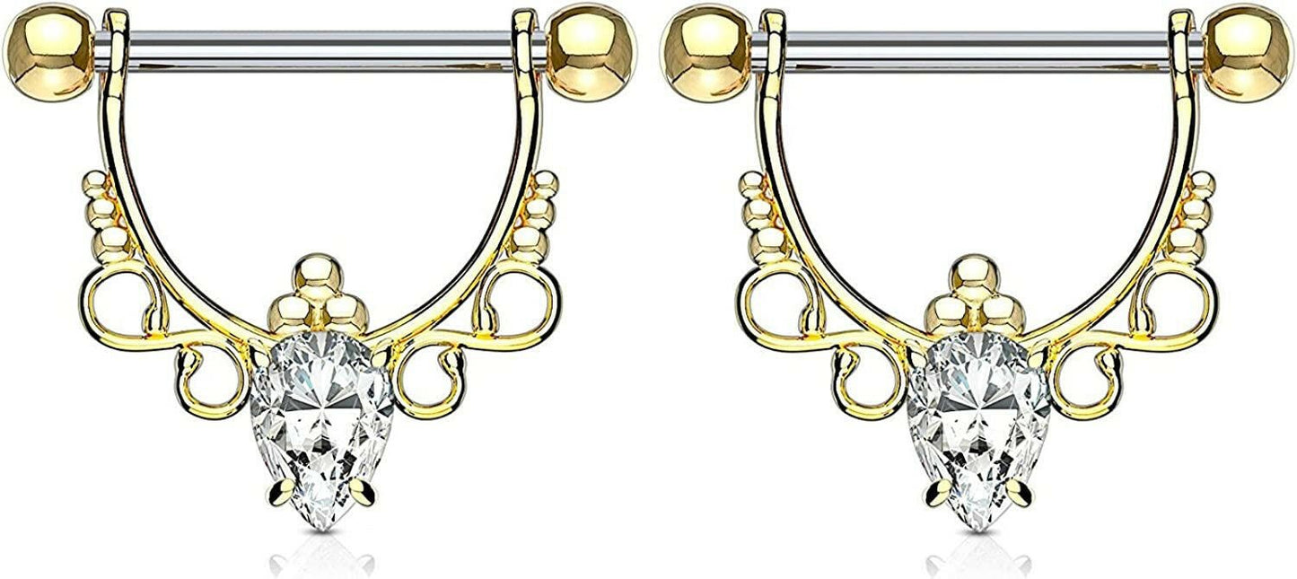 Surgical Steel Pear CZ Center with Infinite Filigree Dangle Nipple Shield Rings Nipple Ring Impulse Piercings Gold