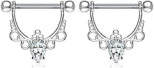 Surgical Steel Pear CZ Center with Infinite Filigree Dangle Nipple Shield Rings Nipple Ring Impulse Piercings Clear