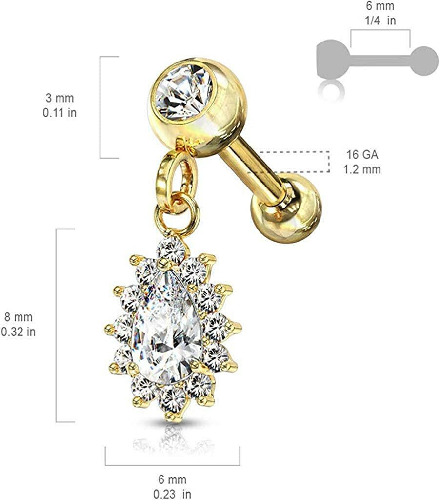 Surgical Steel Pear CZ with Round CZ Surrounding Dangle Jeweled Ball Cartilage Tragus Barbell Studs Cartilage Impulse Piercings