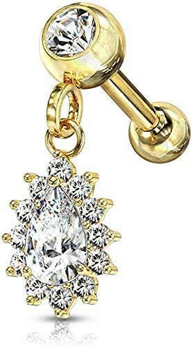 Surgical Steel Pear CZ with Round CZ Surrounding Dangle Jeweled Ball Cartilage Tragus Barbell Studs Cartilage Impulse Piercings Gold