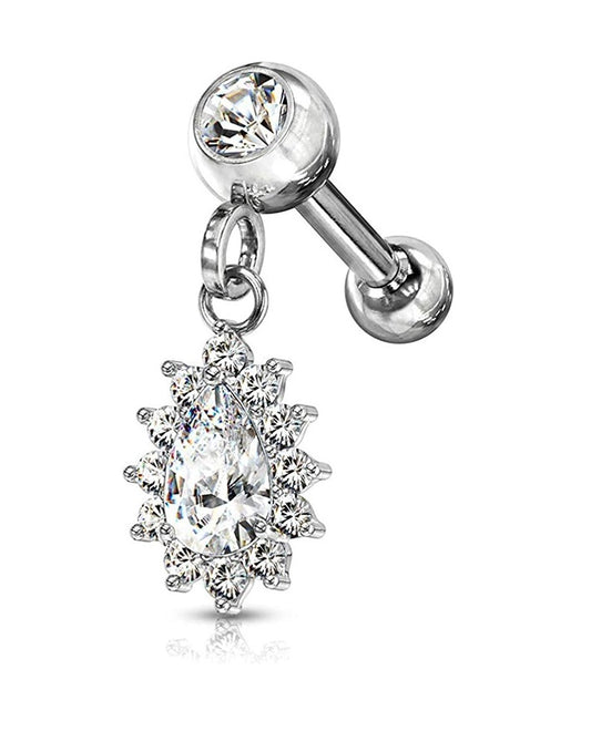 Surgical Steel Pear CZ with Round CZ Surrounding Dangle Jeweled Ball Cartilage Tragus Barbell Studs Cartilage Impulse Piercings Clear