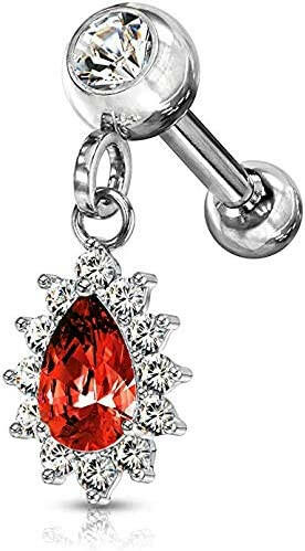 Surgical Steel Pear CZ with Round CZ Surrounding Dangle Jeweled Ball Cartilage Tragus Barbell Studs Cartilage Impulse Piercings Red