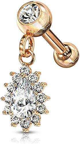 Surgical Steel Pear CZ with Round CZ Surrounding Dangle Jeweled Ball Cartilage Tragus Barbell Studs Cartilage Impulse Piercings Rose Gold